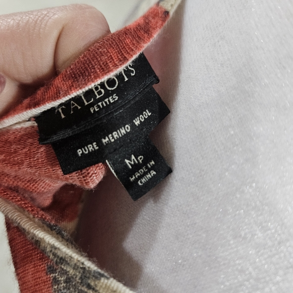 Talbots 100% Pure Merino Wool Sweater Medium Petite Red Tan Floral Long Sleeve - Picture 4 of 6